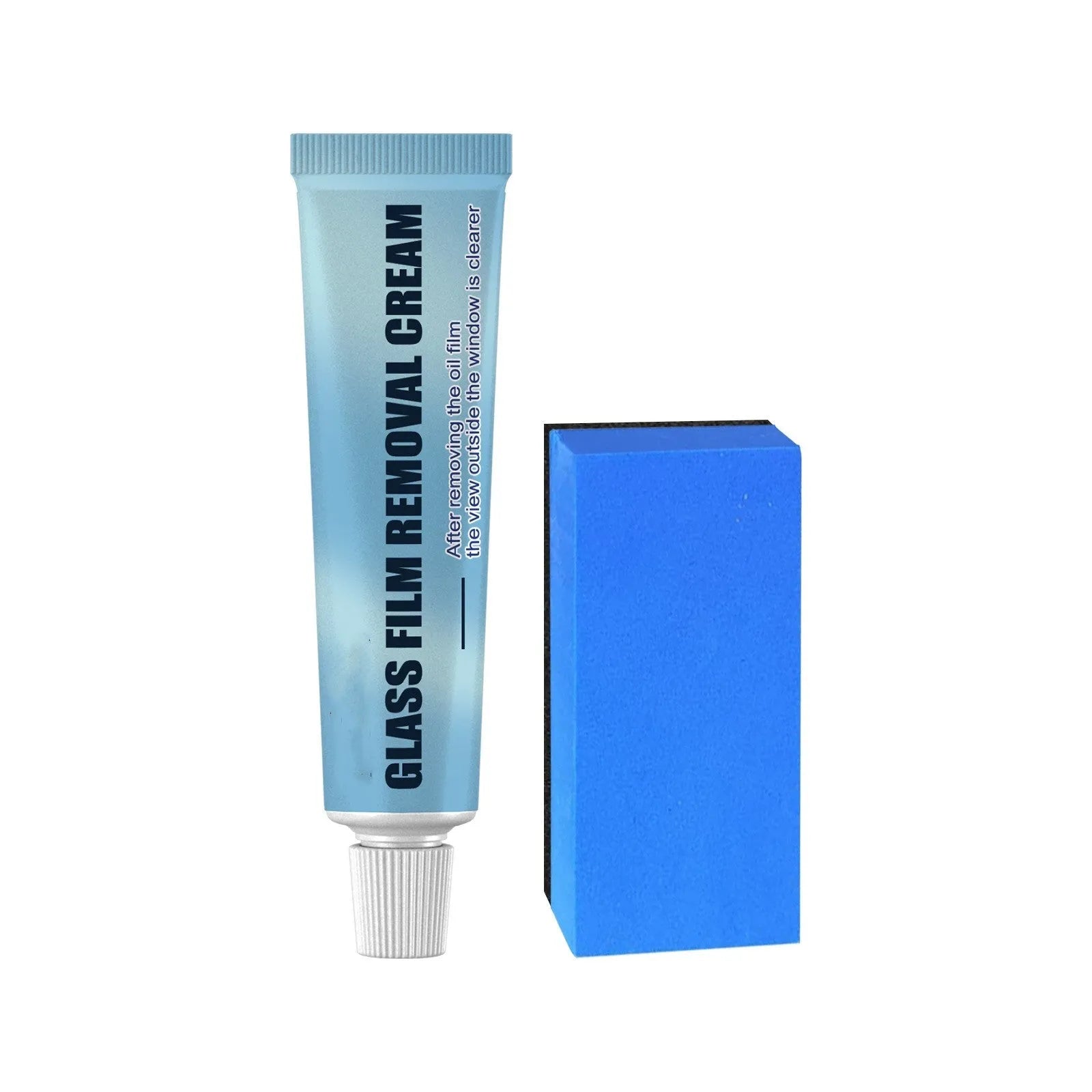 Blue car glass oil film remover bottle with soft sponge applicator