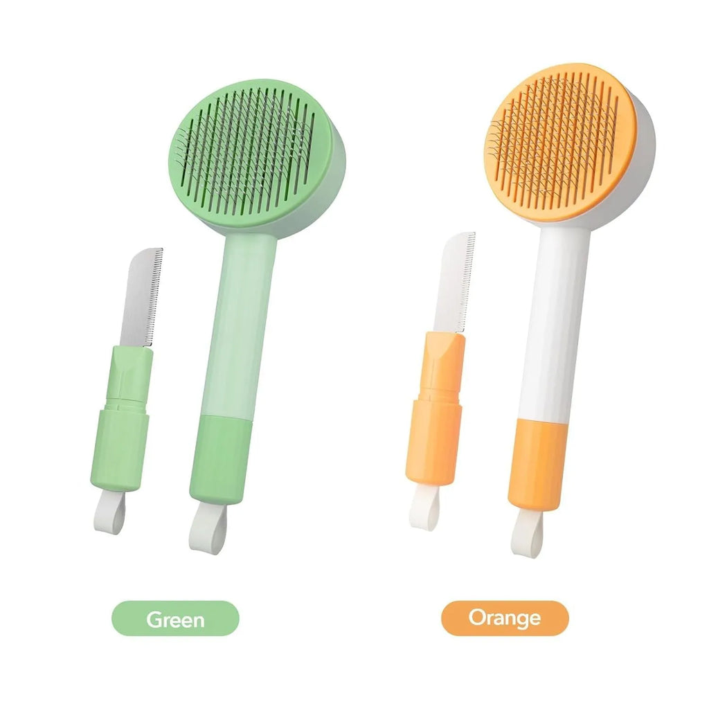 Green and yellow 2-in-1 pet grooming brush with stainless steel teeth and hanging hook