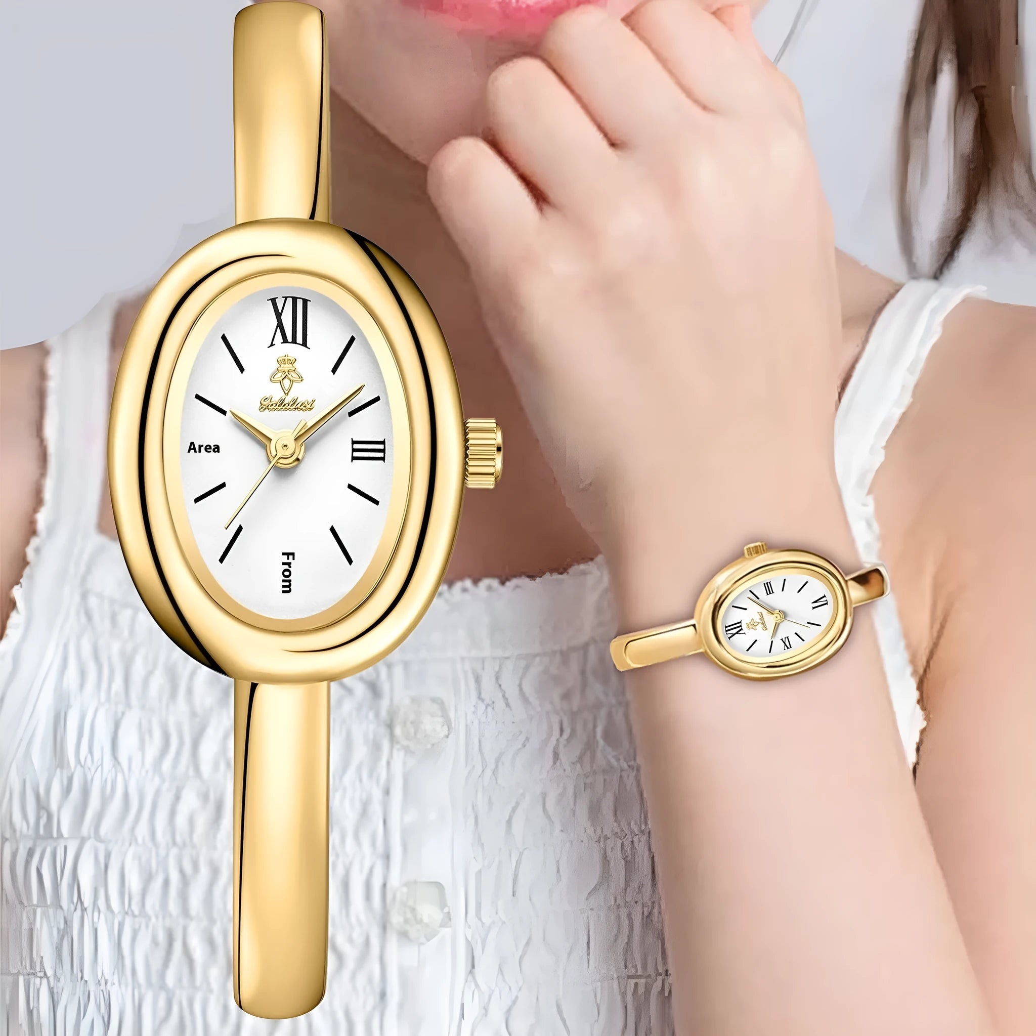 Women's oval retro quartz watch in gold with spiral pattern and slim 8mm profile