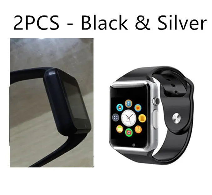 A1 Smart Watch for Android in various colours, showing screen, GSM SIM slot, and camera.