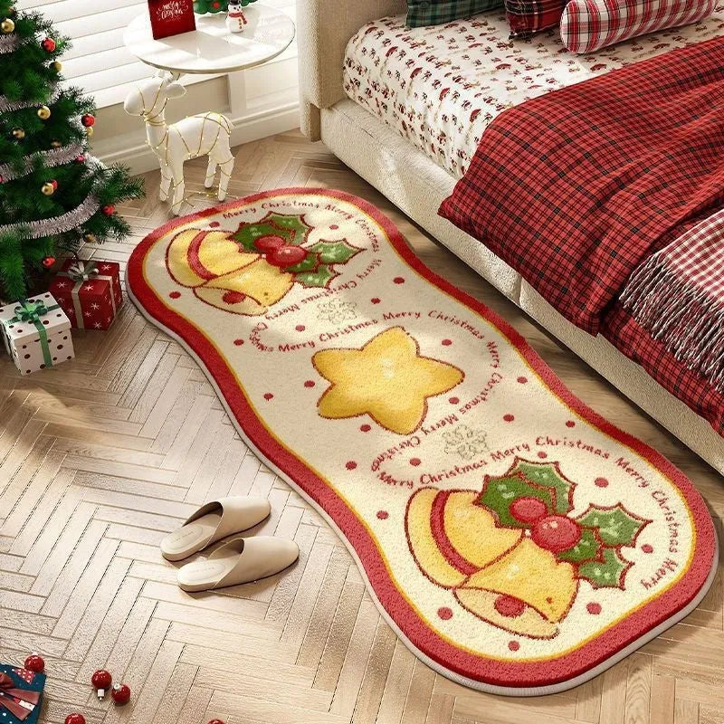 Christmas Series imitation cashmere carpet decoration in Alien shape on a floor, showing festive pattern options.