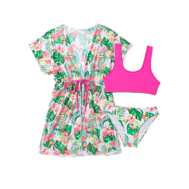 Girls' floral print three-piece swimsuit set with overclothes for swimming.