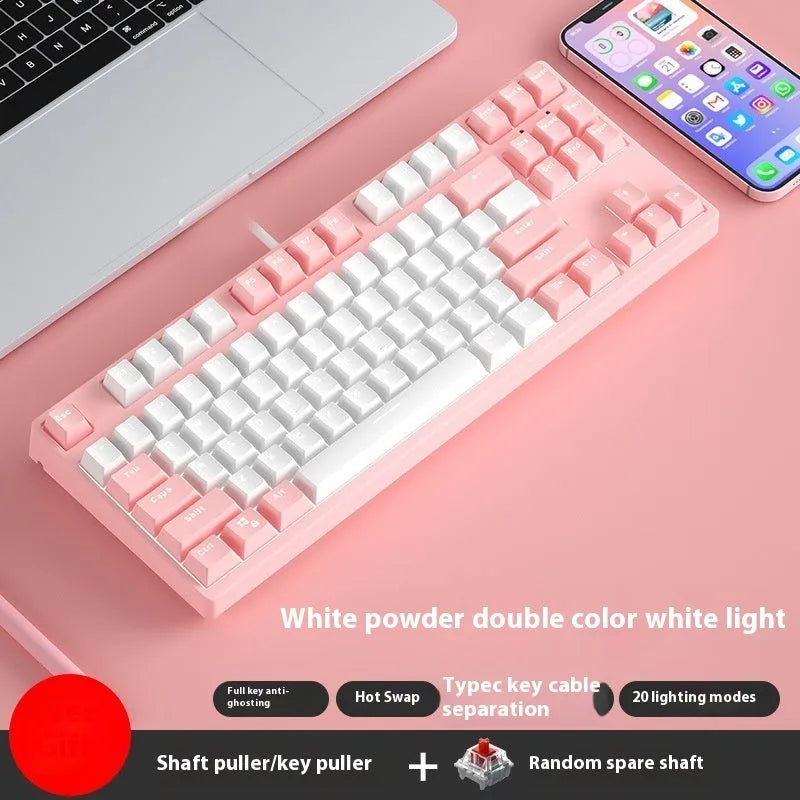 87-key wired mechanical keyboard with two-tone keycaps, shown with switch puller and cleaning brush