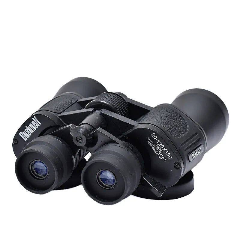 Outdoor telescope binoculars with large 100mm objective lenses and continuous zoom control ring.