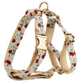 Red cherry print dog collar and leash set with light gold buckle, matching bow, vest, and poop bag.