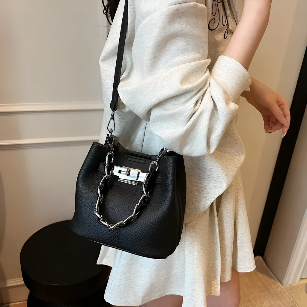 Soft PU leather retro shoulder bucket bag in black colour with internal organiser pockets