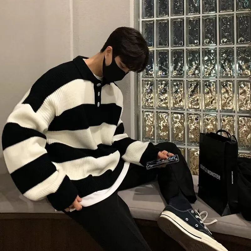 Men's loose fit striped pullover sweater coat in black and grey colours