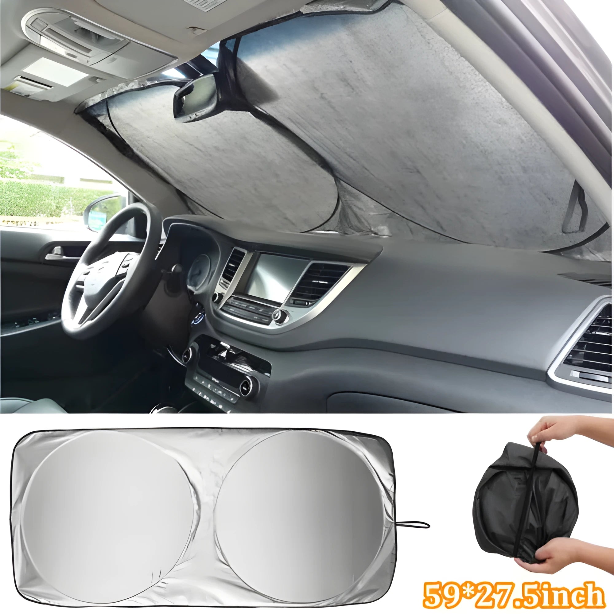 Silver car windshield sunshade in reflective metallic polyester and nylon, 150x70cm flat size