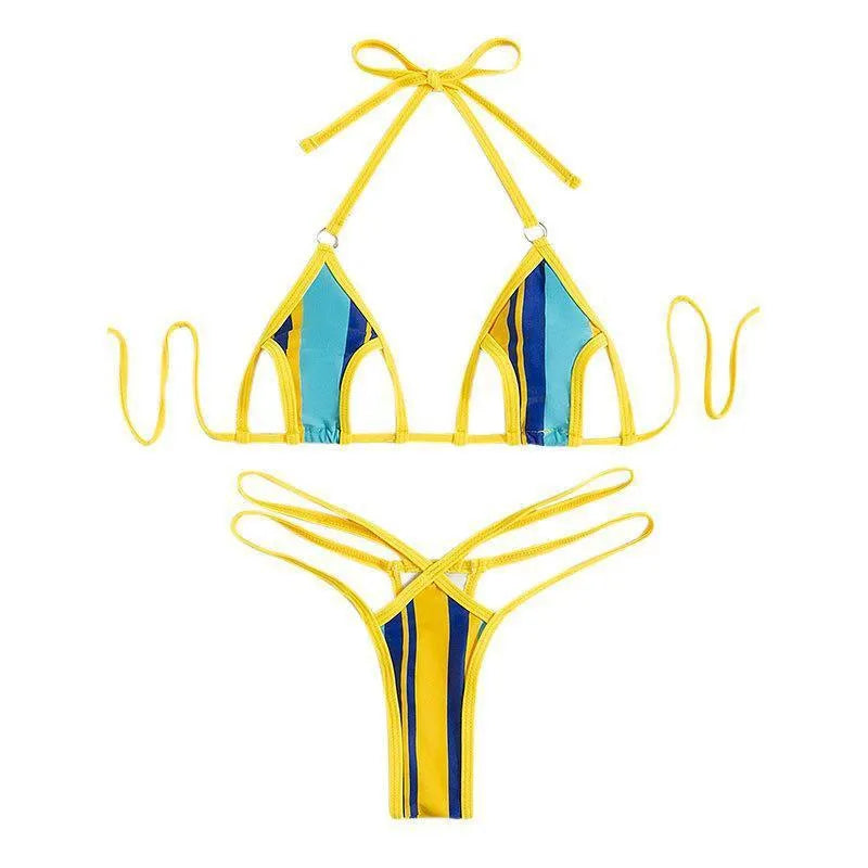 Yellow women's split swimsuit with neck-hanging design, high-waisted shorts, and sleeveless backless top
