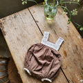 Girls cotton puff short sleeve top and lace strap romper two-piece set in apricot cotton fabric
