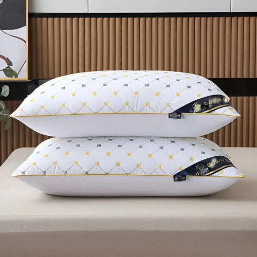 A white polyester fibre bedding pillow core on a bed, with size and weight options shown for 48x74cm and 42x70cm.