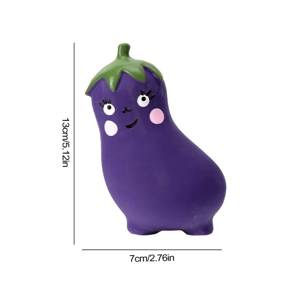 Latex vegetable dog chew toy with cartoon onion and eggplant design measuring 7x5x13cm