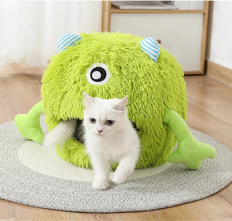 Round fluffy plush cat bed with non-slip base shown in three sizes: small, medium, and large.