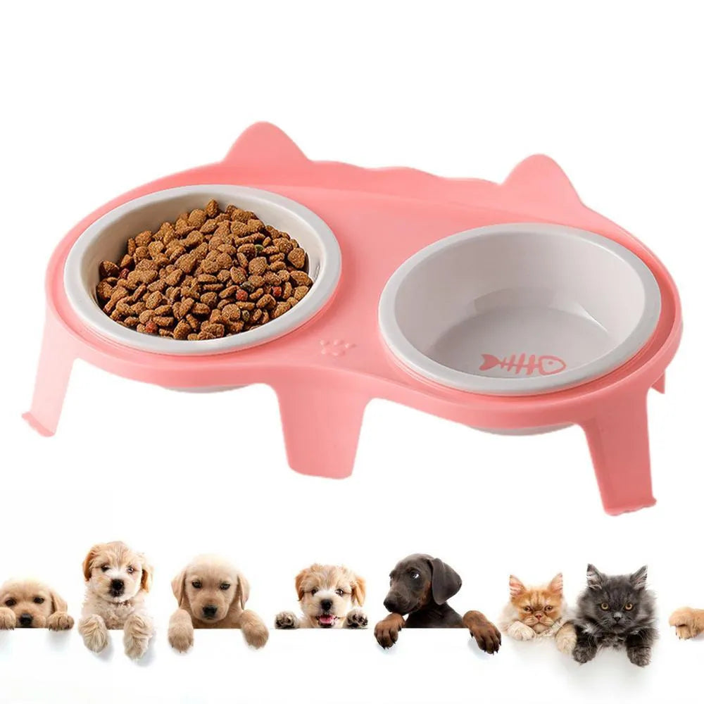 Blue ceramic cat food and water bowl set on a white elevated plastic stand with hook design.