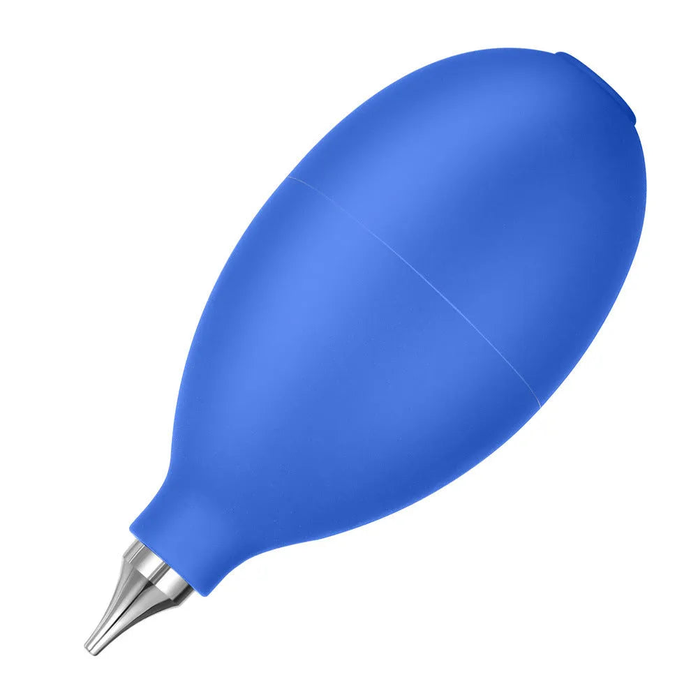 Blue handheld rubber dust blower cleaning tool for camera lenses and mobile phones.