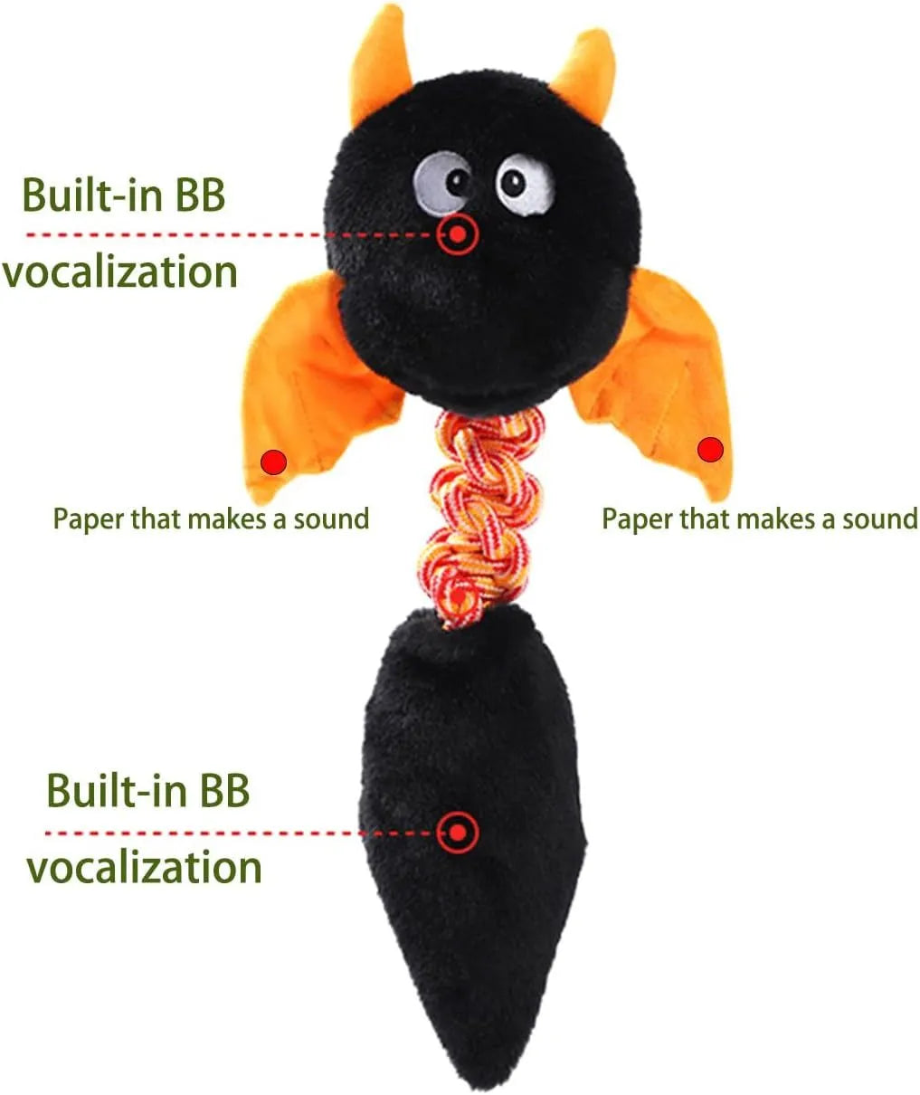 Soft rabbit fleece plush dog toy with a rope knot, in red, green, or black, shown with a dog.
