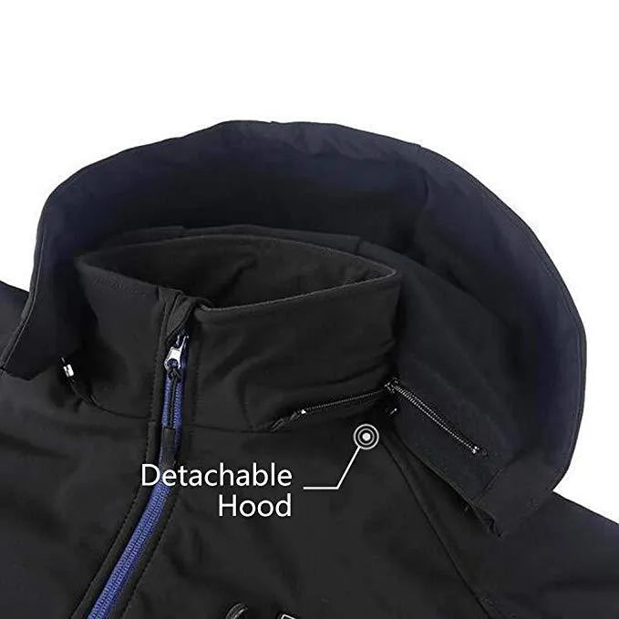 Black USB heated winter coat for men with waterproof windproof features