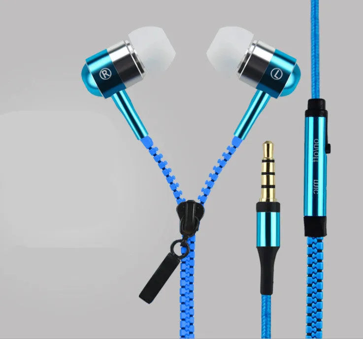 Glowing zipper earphones with alloy metallic housing and 1.2m cord in five colours