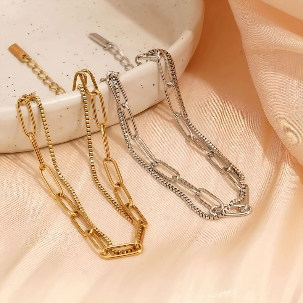 Double layer titanium steel bracelet with geometric lines in gold or silver colour