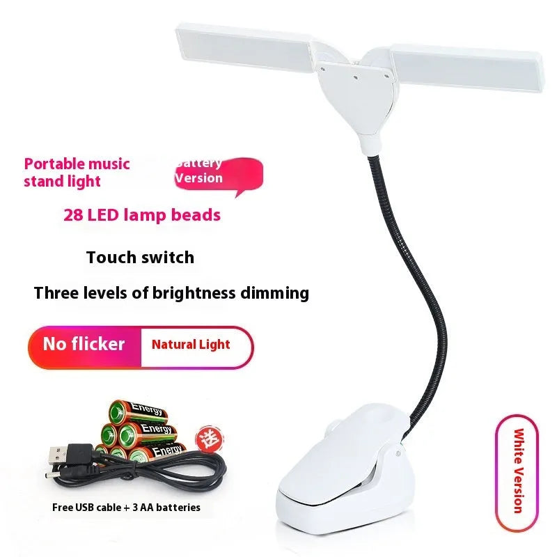 Black rechargeable music stand lamp with 28 LEDs clipped to a metal stand.