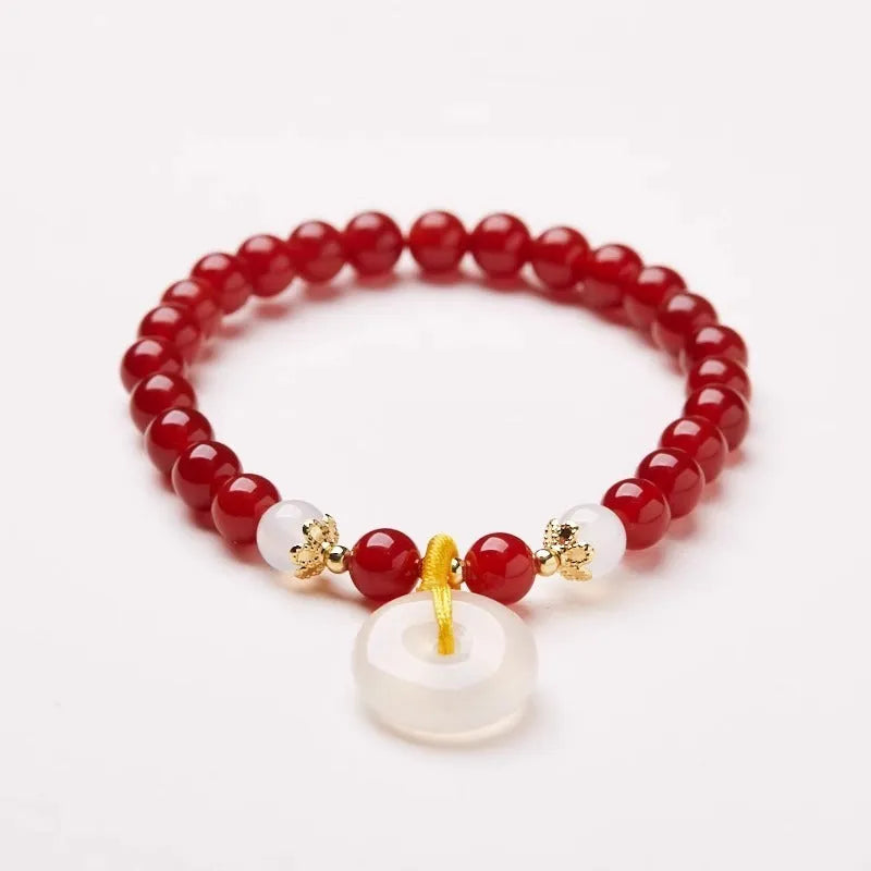 Handmade natural jinsi jade and red agate bracelet with safety buckle, Chinese style.