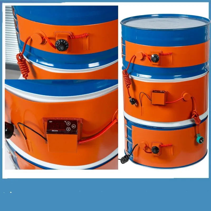 Silicone rubber heating belt wrapped around 200-litre oil drum with control unit
