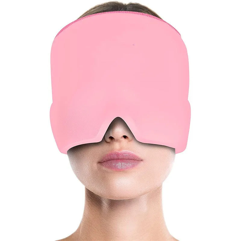 Black elastic cloth cooling gel eye mask for headache relief showing adjustable fit