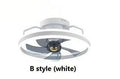 Modern white ceiling fan lamp with integrated light and five blades, mounted on a ceiling.