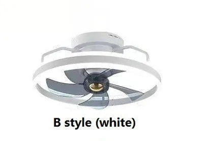 Modern white ceiling fan lamp with integrated light and five blades, mounted on a ceiling.