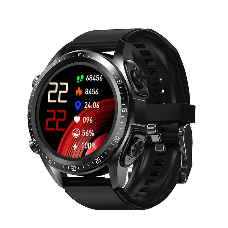 Black smart watch with blood pressure monitoring on a silicone strap, showing a 1.28-inch screen.