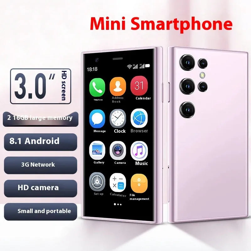 Black, green, and pink purple mini Android smartphone with 3-inch screen showing home screen interface