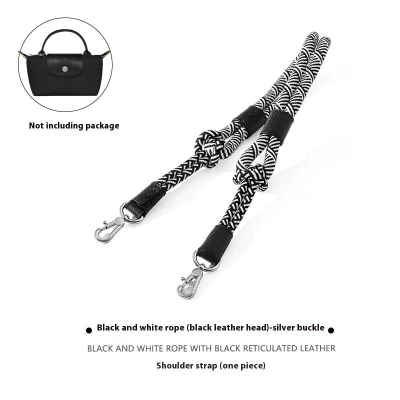 Braided nylon rope shoulder strap with cowhide leather accents and an alloy buckle.