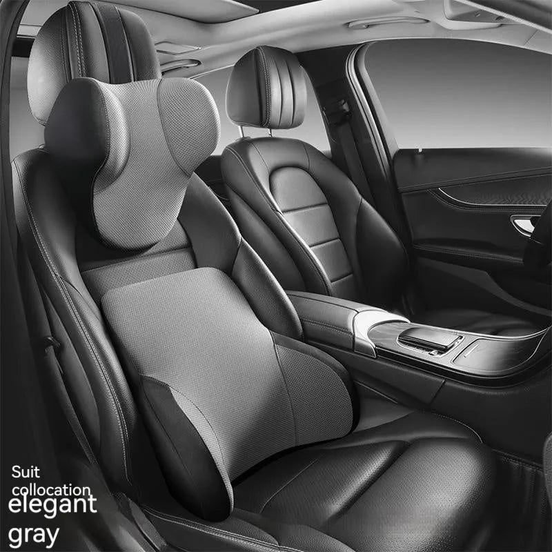 Memory foam and latex car lumbar support pillow and matching headrest with knitted fabric cover.