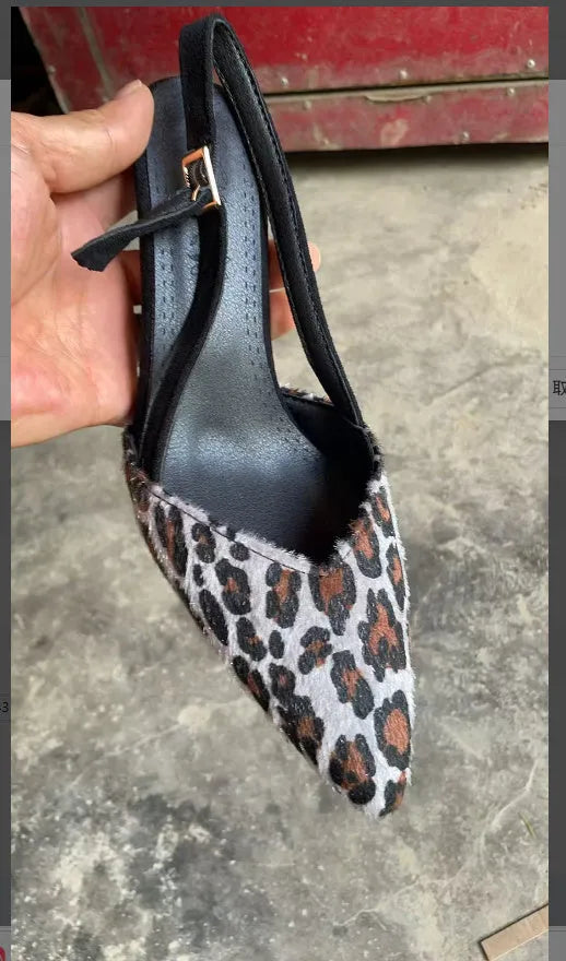 Leopard print suede women's sandals with scattered pointed toe design and high heels