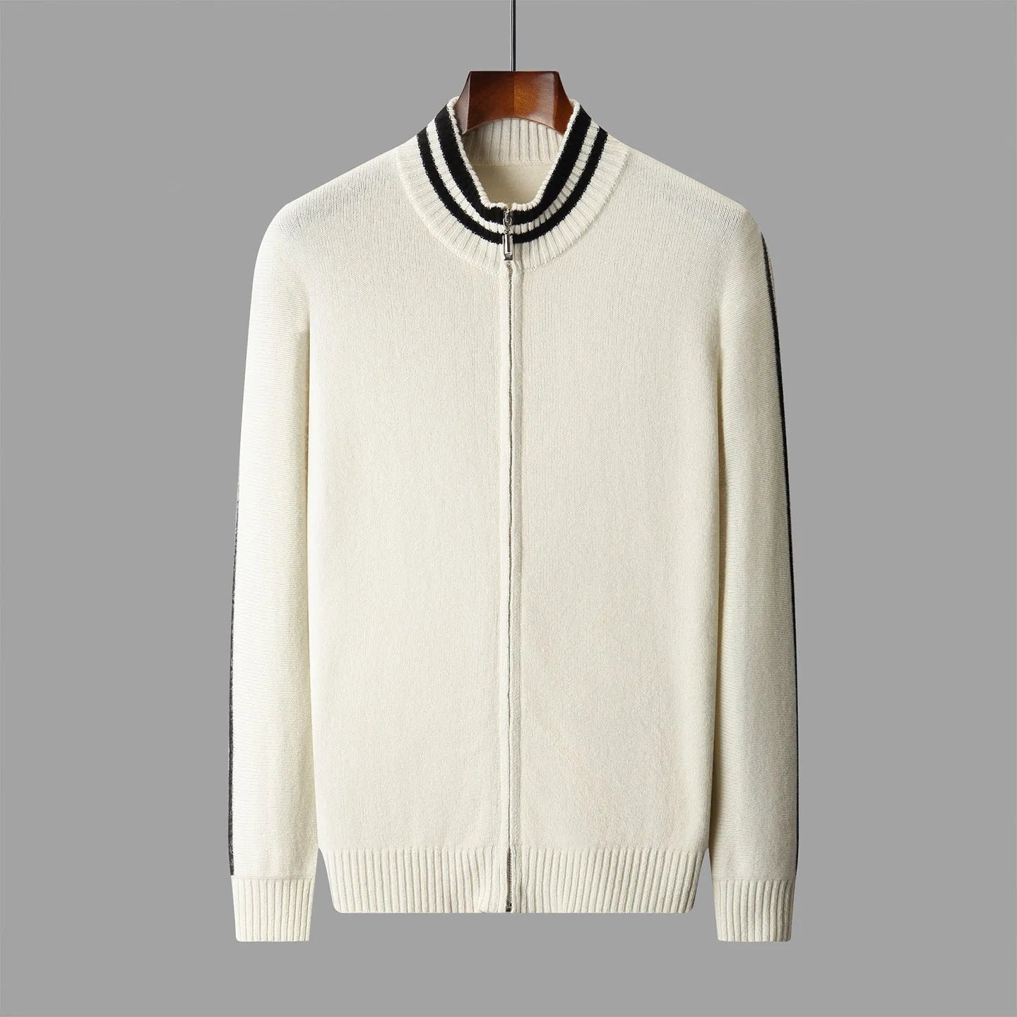 Men's half-high collar striped knitted cardigan sweater in white, front view showing slim fit and all-matching pattern