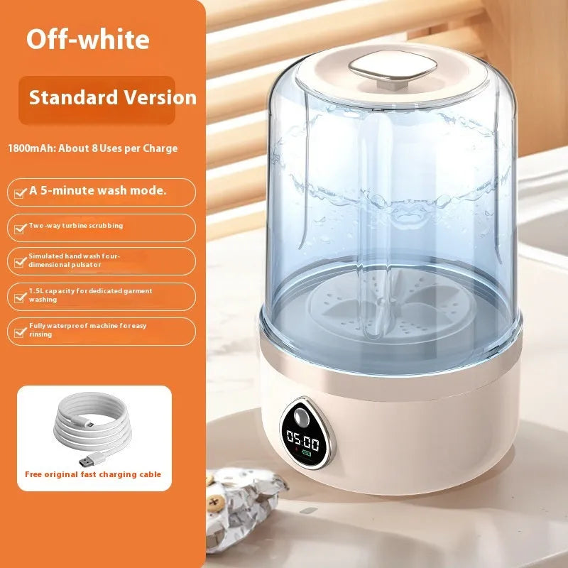 White portable USB-powered mini washing machine on a countertop.