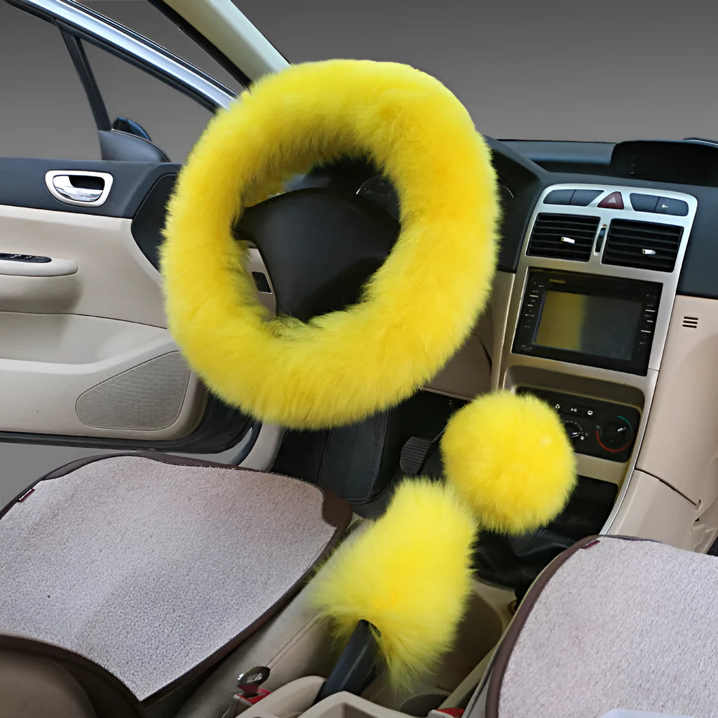 Wool and cashmere steering wheel cover and two handle covers set for cars in various colours