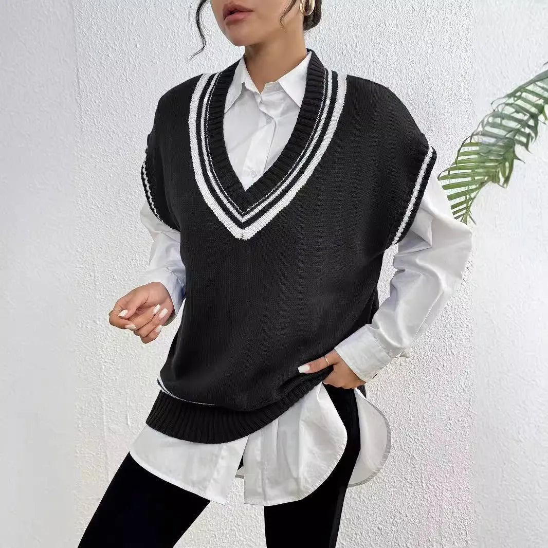 Women's loose blue college-style wool vest sweater, acrylic polyester blend, front view.