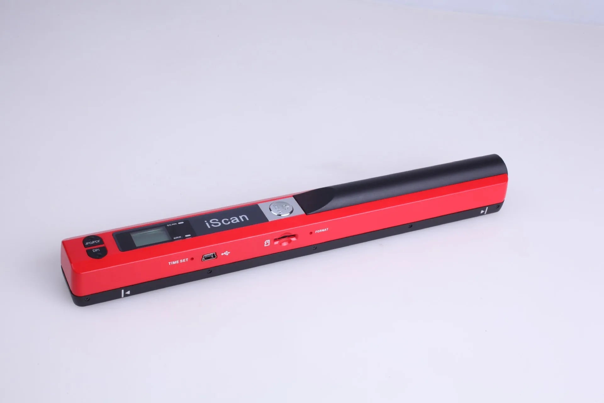 A handheld barcode scanner in plastic construction shown in five colour options: black, blue, green, red, and silver.