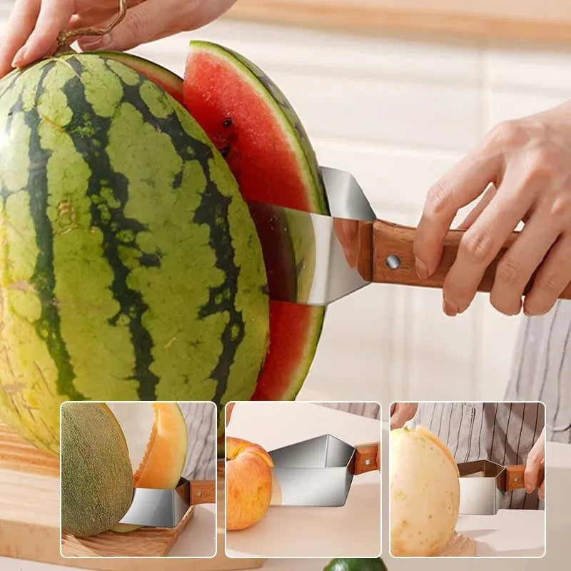 Stainless steel triangle watermelon splitter knife with protective cover.