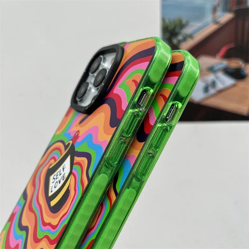 Green hard PC glitter acrylic phone case with love yourself more graphic for iPhone 13