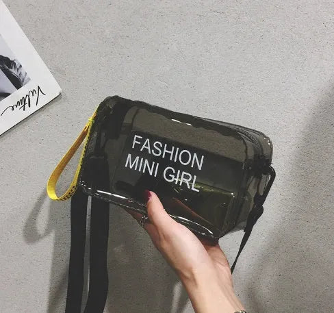 Transparent square jelly women's shoulder bag with a diagonal cross strap, shown in multiple colours.