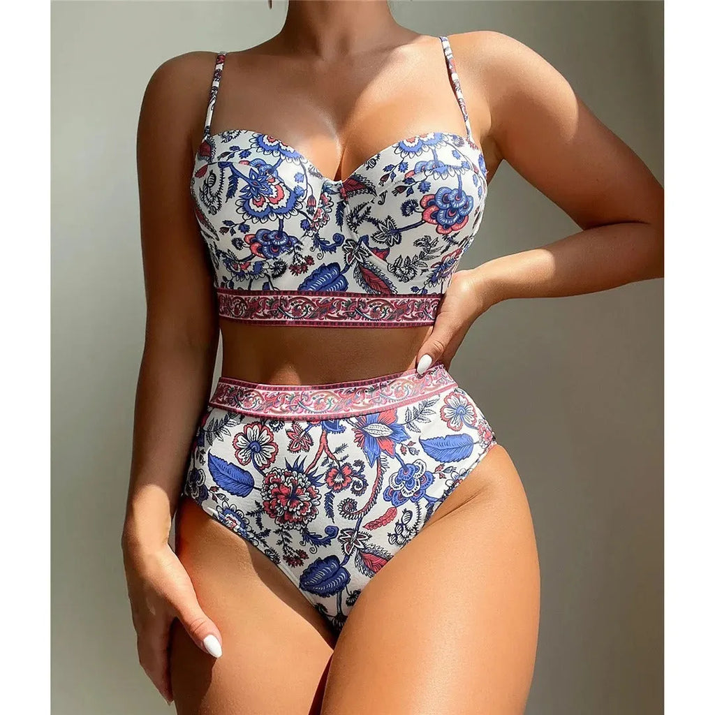 Blue women's high waist push-up bikini swimsuit with sleeveless design for swimming