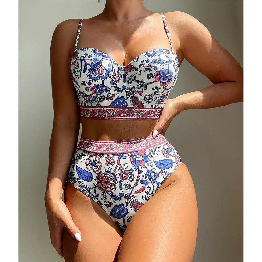 Blue women's high waist push-up bikini swimsuit with sleeveless design for swimming