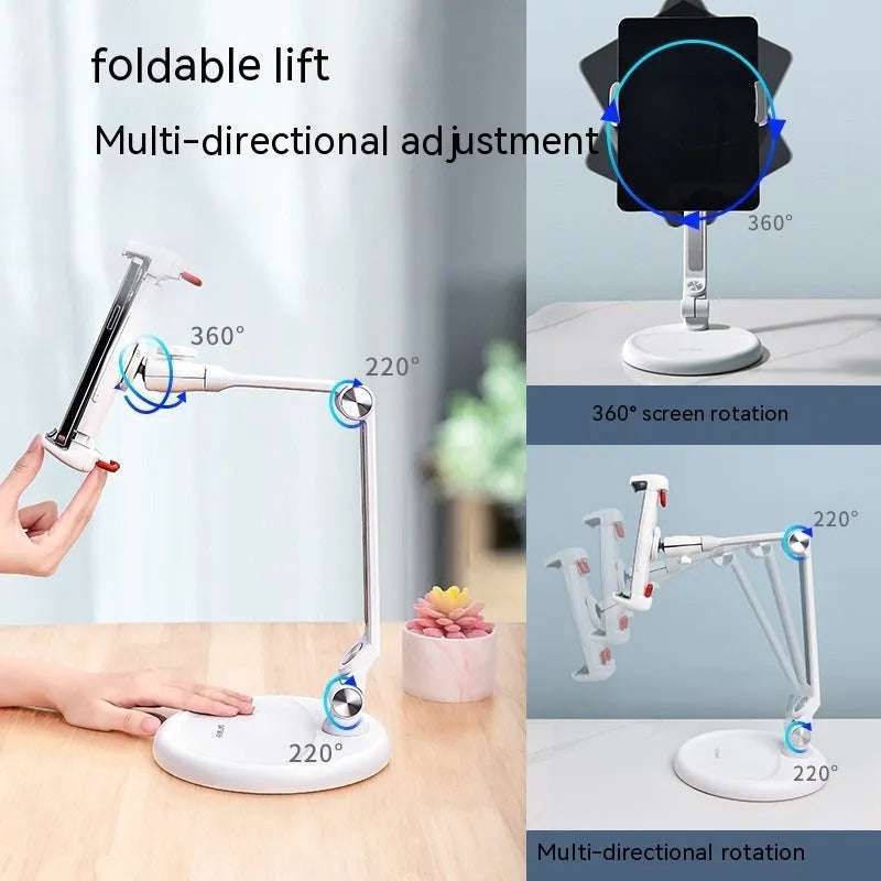 White foldable lifting desktop bracket for universal mobile phone and tablet support