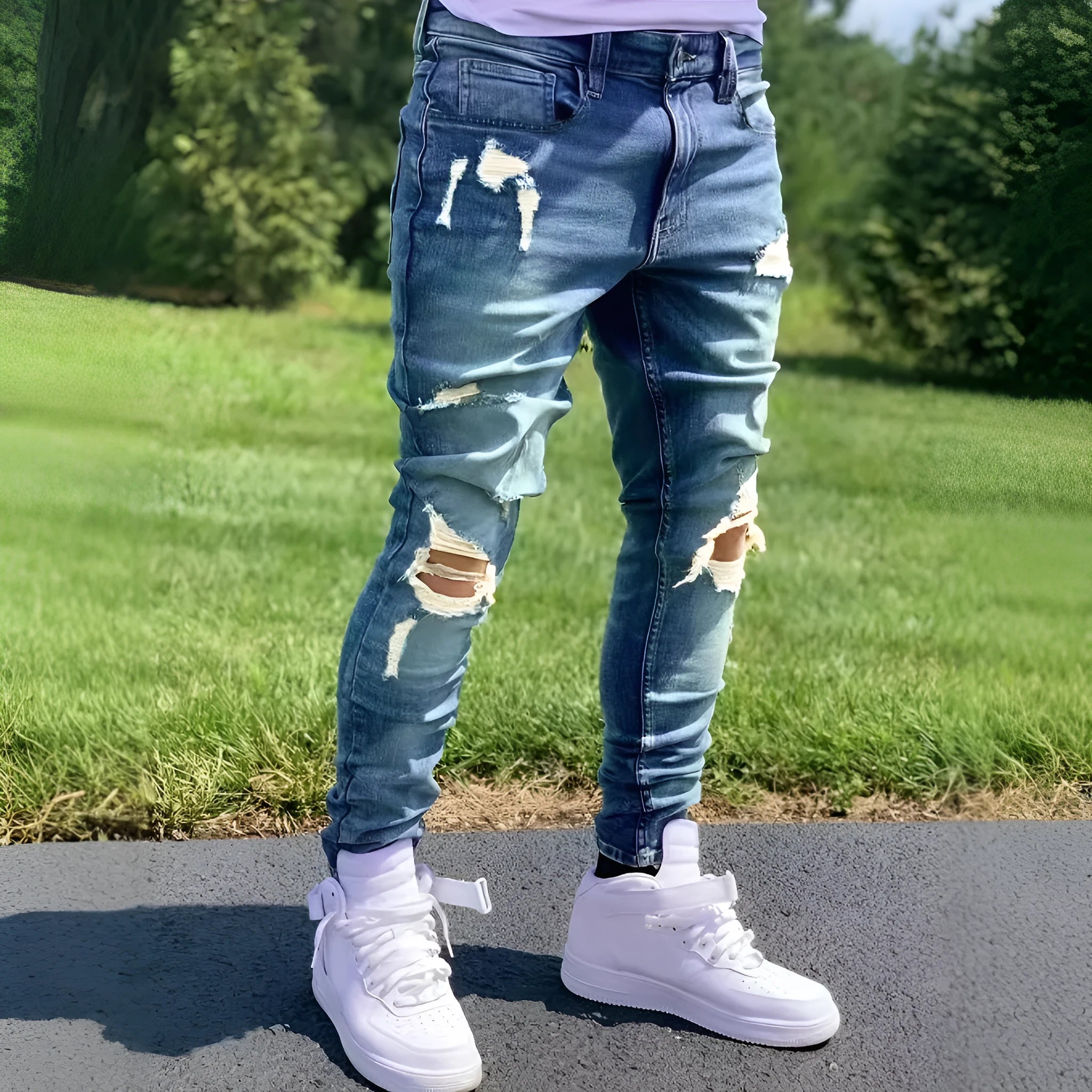 Men's ripped straight leg jeans in peacock blue cotton with street style detailing