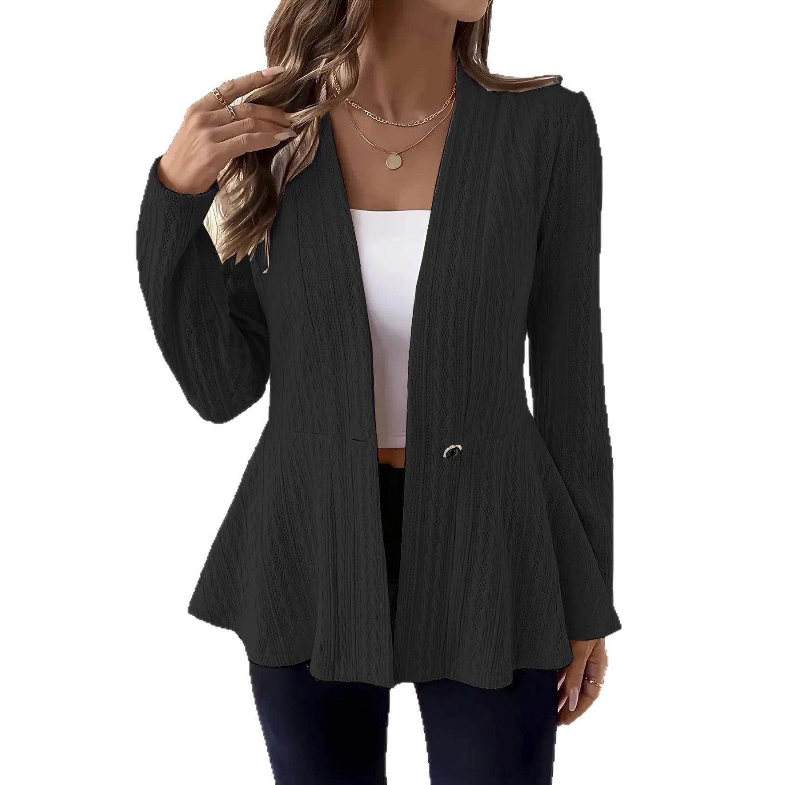 Women's solid colour jacquard patterned knitted cardigan with single button closure
