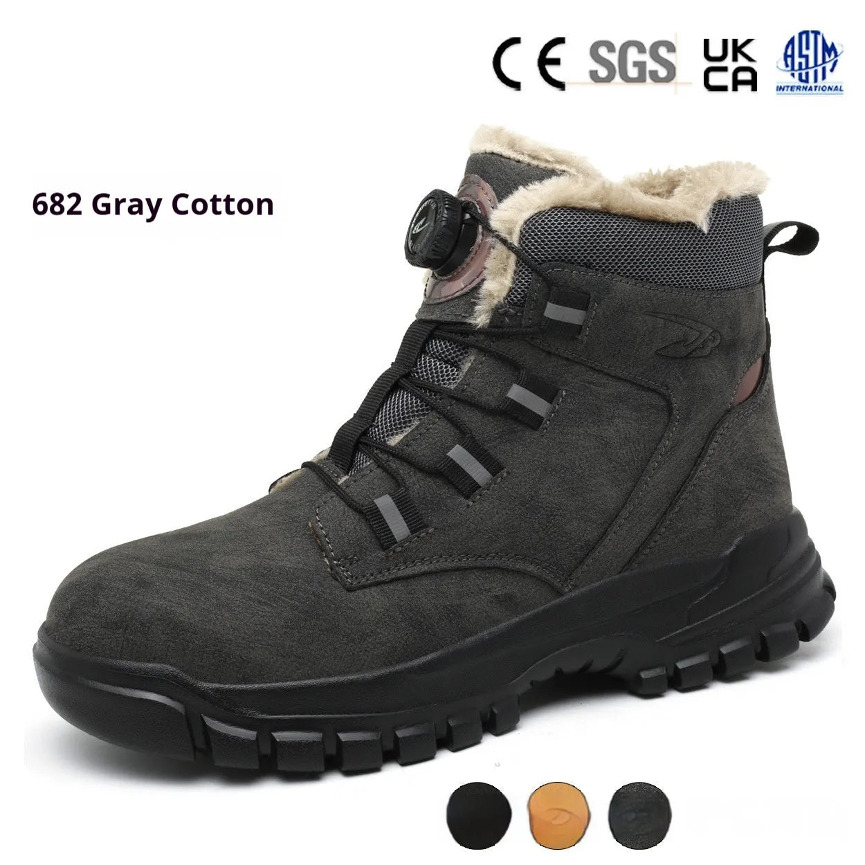 JK682 model leather upper safety shoes with rubber sole, shown in black, yellow, and grey colour options.