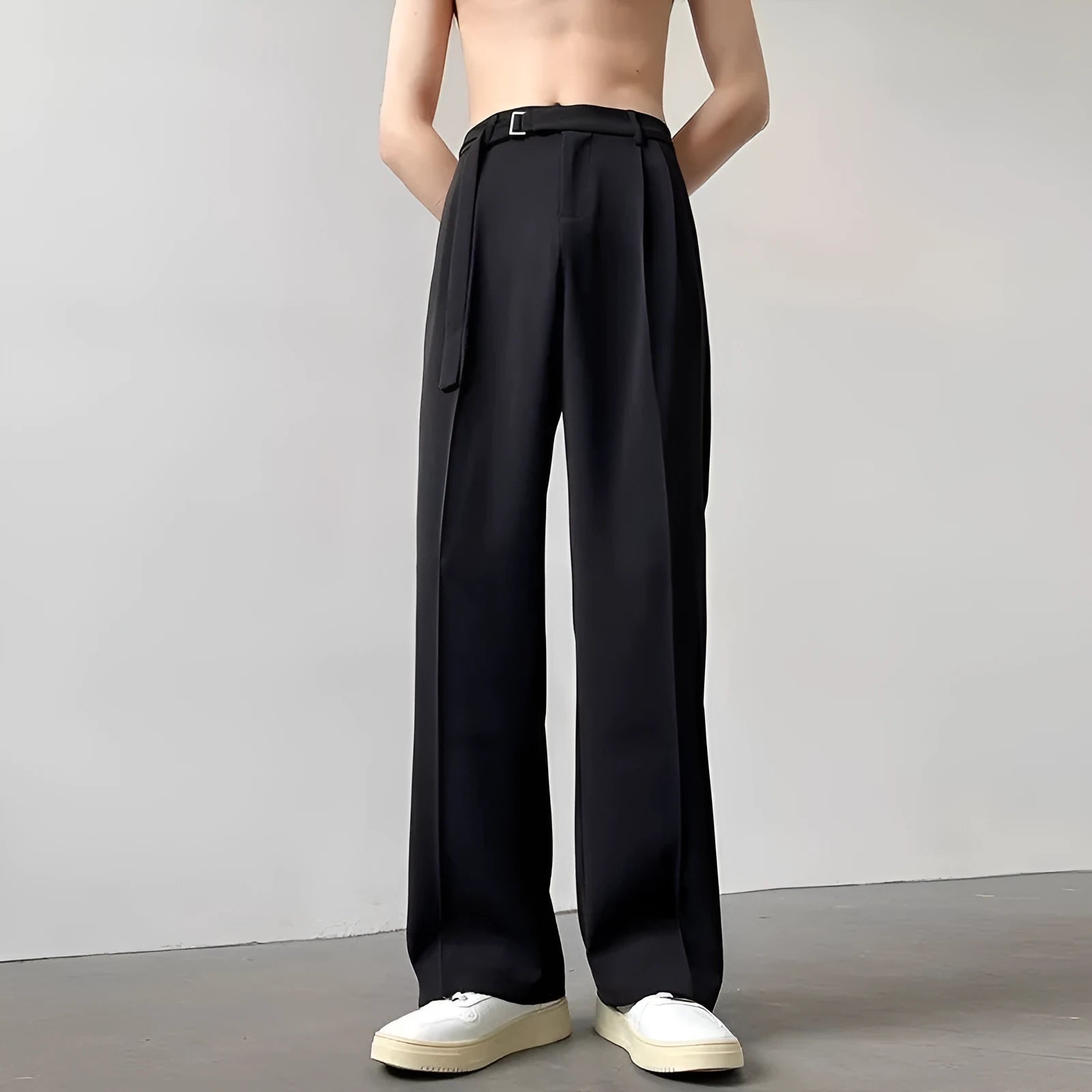 Women's thin straight wide leg trousers in black, showcasing loose fit and non-ironing fabric.