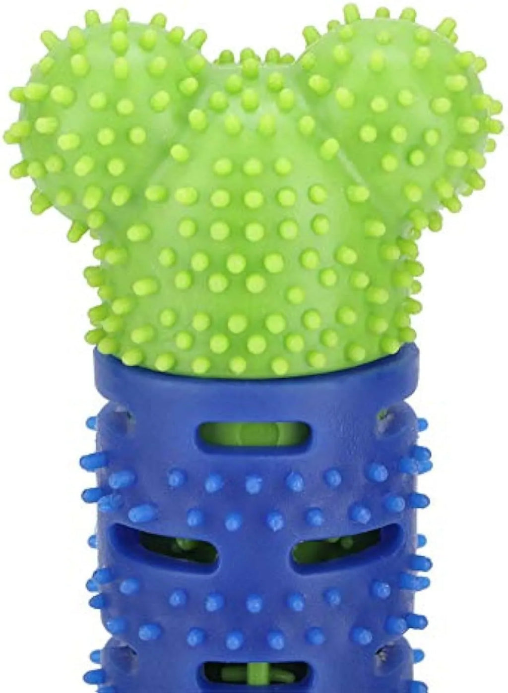 Blue silicone dog chew toy with textured brush head design for dental cleaning.